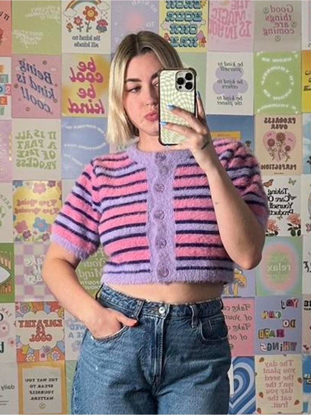 Cropped Fuzzy Stripe Button-Front Top - Pink & Lavender